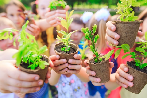 bambini che tengono le piante in vasi di fiori