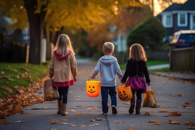 bambini che tengono zucche e camminano per una strada con zucche sullo sfondo.