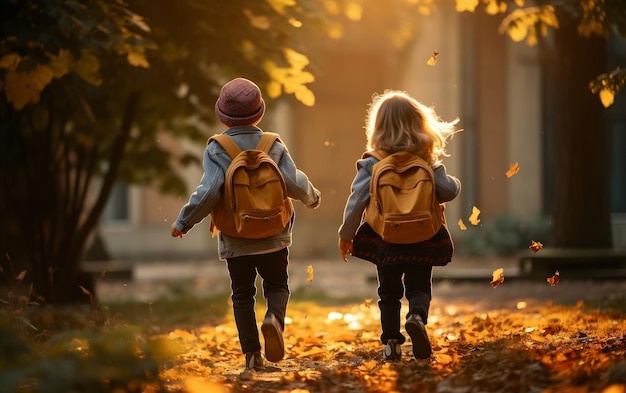 Bambini che tornano a scuola con zaini AI