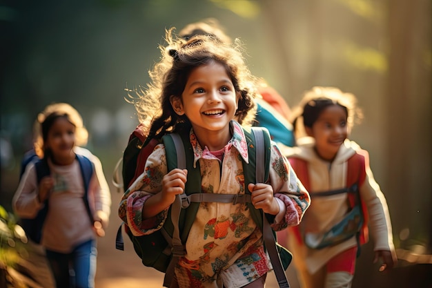 Bambini che vanno a scuola con la borsa da scuola Bambini che corrono con la Borsa da scuola