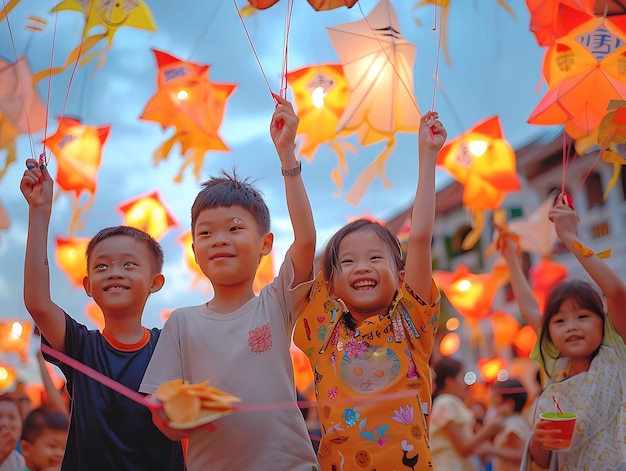 Bambini che volano aquiloni tradizionali alla parata di Chingay in S Neighbor Holiday Creative Background