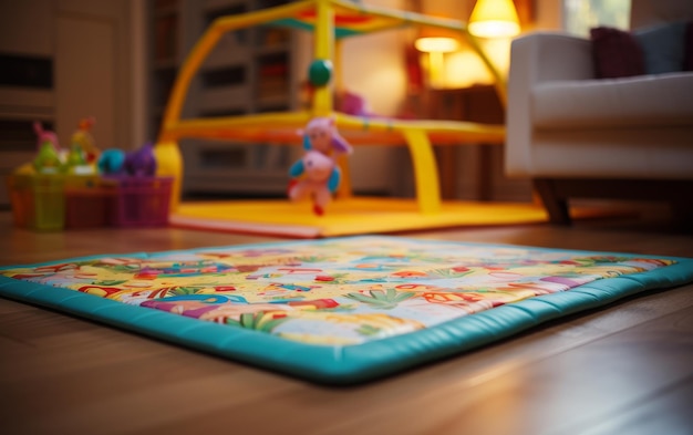 Bambini colorati giocano su tappetini sparsi sul pavimento del soggiorno che invitano al gioco immaginario