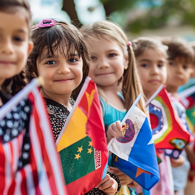 bambini con la bandiera del loro paese che festeggiano la giornata dei bambini