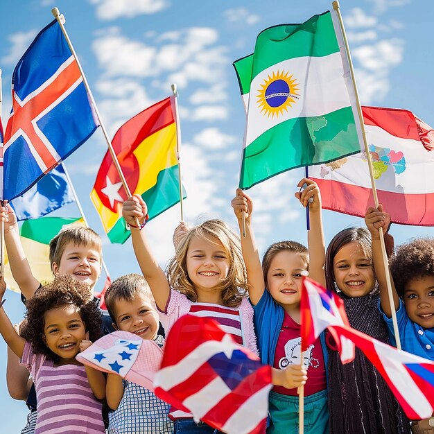 bambini con la bandiera del loro paese che festeggiano la giornata dei bambini