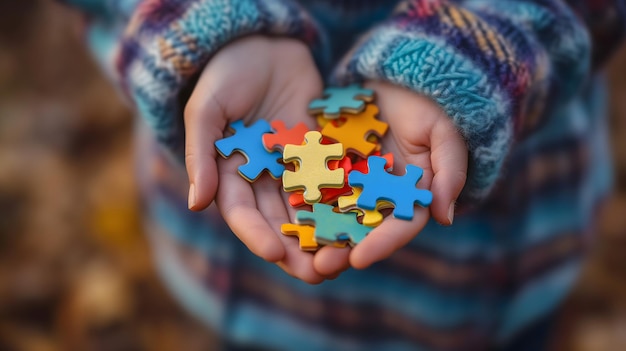 Bambini con le mani chiuse foto con i pezzi del puzzle Mese di consapevolezza sull'autismo della neurodiversità