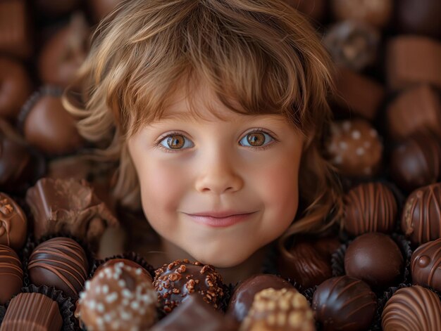 Bambini con occhi bellissimi circondati da vari tipi di cioccolatini.