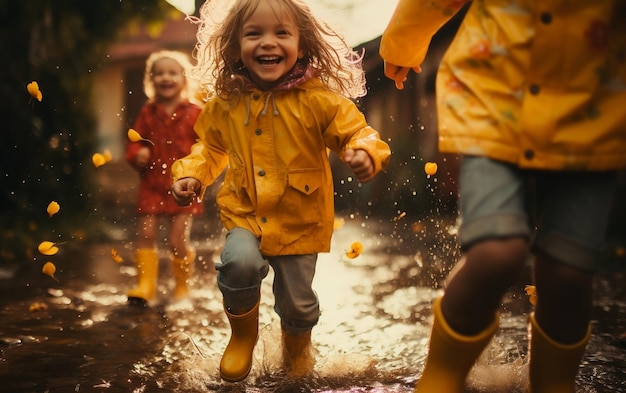 Bambini con stivali da pioggia gialli brillanti AI generativa