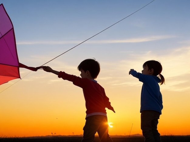 Bambini con un aquilone al tramonto