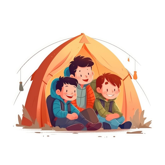 Bambini con una sedia da campo e un'illustrazione del fumetto della tenda con l'IA generativa