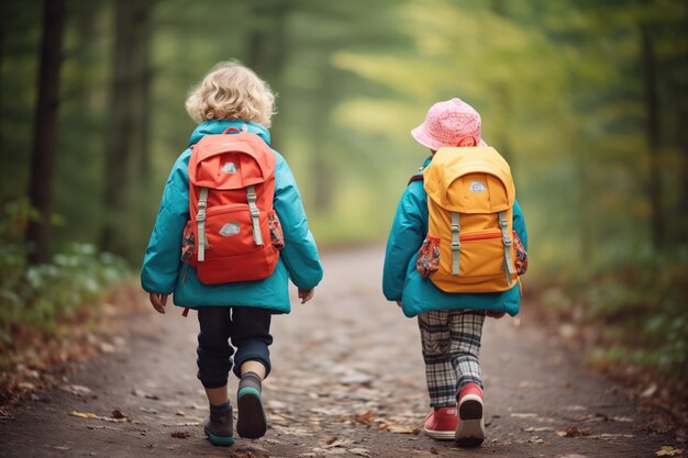 Bambini con zaini che fanno un'escursione su un sentiero nel bosco