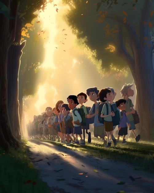 Bambini dei cartoni animati che camminano lungo un sentiero in un parco con alberi generativi ai