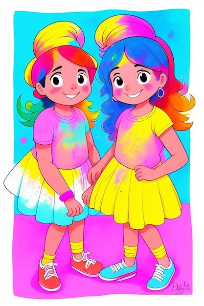 Bambini dei cartoni animati che festeggiano Holi Holi 2024