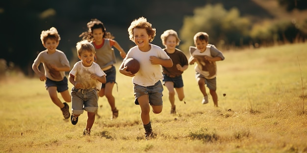 Bambini della scuola elementare che giocano a calcio in un campo