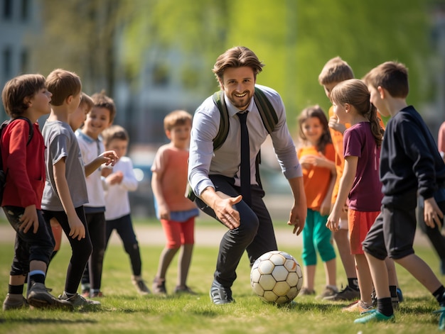 Bambini della scuola elementare e insegnante seduti con la palla in campo