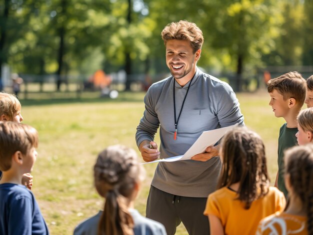 Bambini delle scuole elementari e insegnanti seduti con la palla in campo