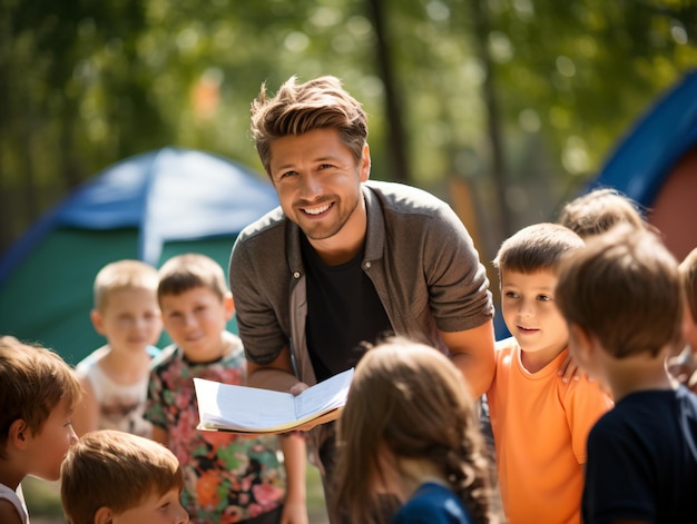 Bambini delle scuole elementari e insegnanti seduti con la palla in campo