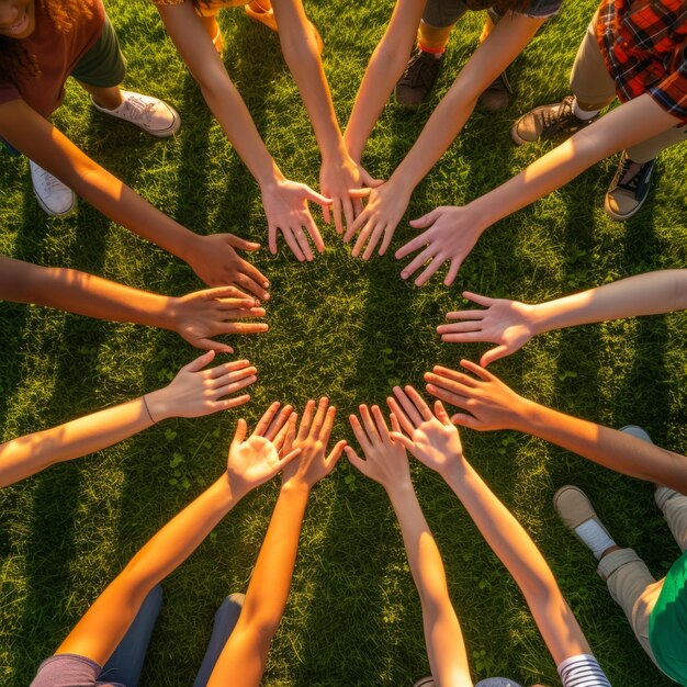 Bambini di diverse razze che si stringono le mani in unità