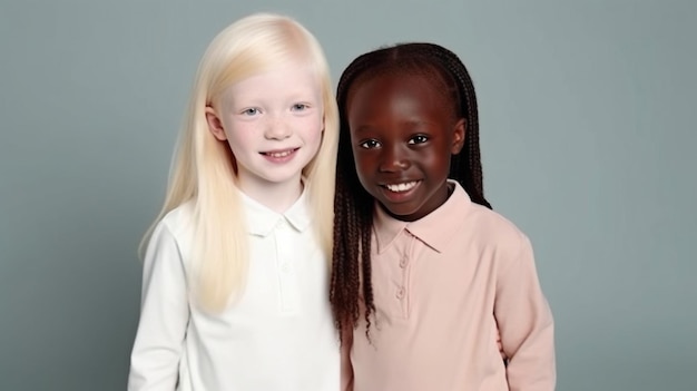 Bambini di diverse razze ed etnie che posano con sorrisi per la fotocamera, tra cui un giovane nero albino e gioiose femmine caucasiche isolate in uno studio The Generative AI