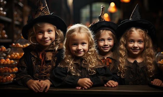 Bambini di Halloween in cappelli sullo sfondo delle zucche Soft focus selettivo