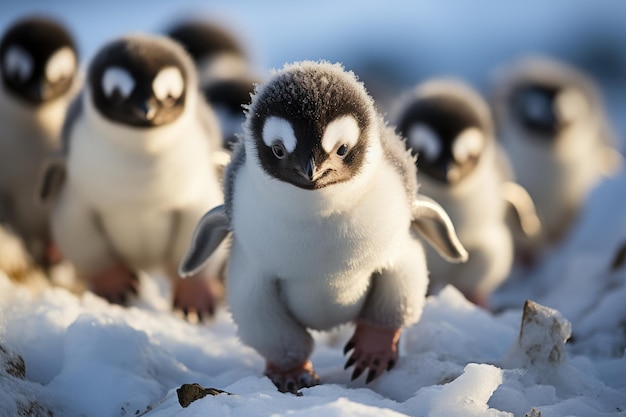 Bambini di pinguini che scivolano nella neve dell'Antartide