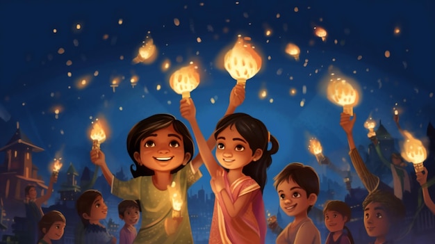 Bambini Diwali che tengono lampada a olio e scintillante con impiccagione