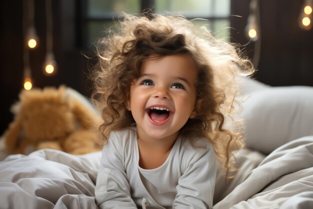 Bambini dolci e carini che solleticano i piedi sul letto ridendo e sorridendo