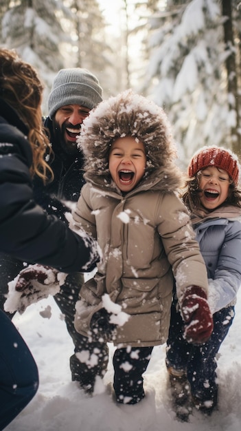 Bambini e genitori ridono durante la battaglia a palle di neve nella foresta