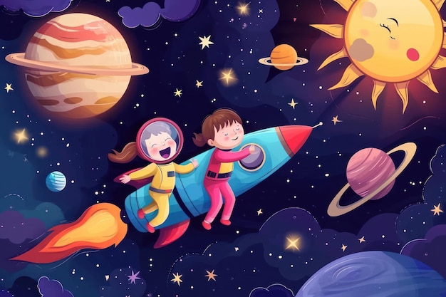 Bambini fantasia astronauta con pianeti stelle razzo e sole ragazza e ragazzo che volano nella galassia