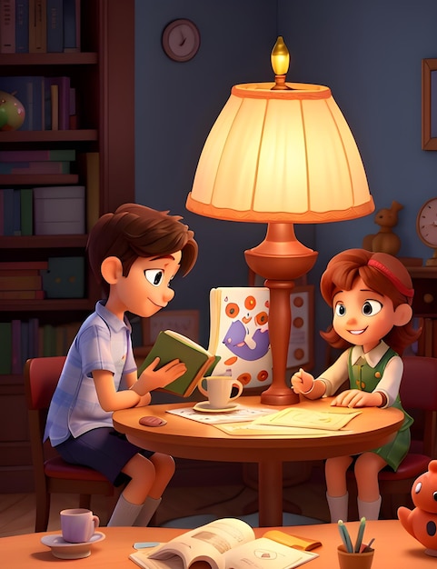 Bambini felici a leggere libri di storie animazione 3D