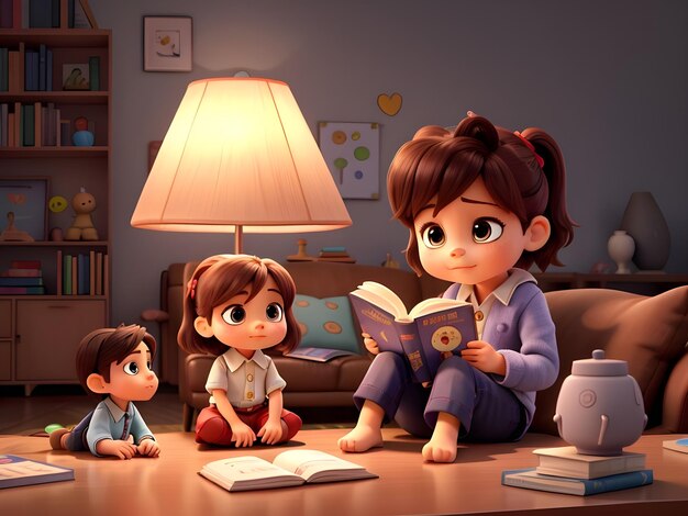 Bambini felici a leggere libri di storie animazione 3D