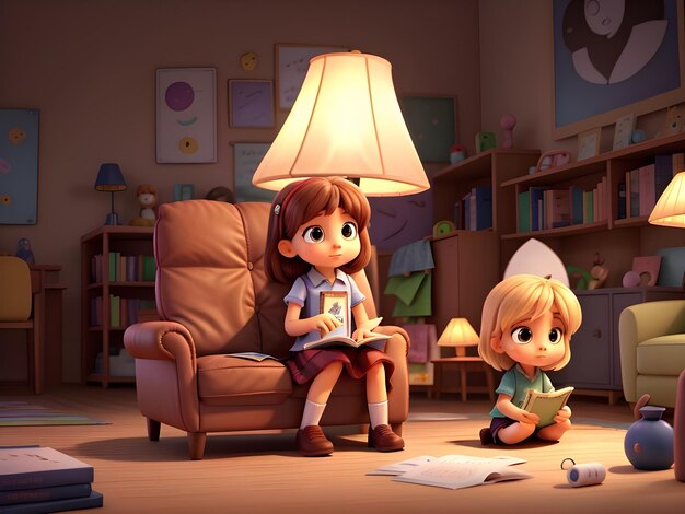 Bambini felici a leggere libri di storie animazione 3D