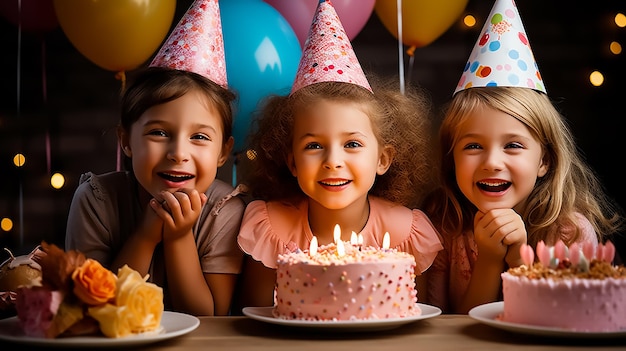 Bambini felici a una festa di compleanno con un'enorme torta che festeggia insieme con i palloncini