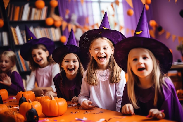 Bambini felici che festeggiano Halloween in un'aula