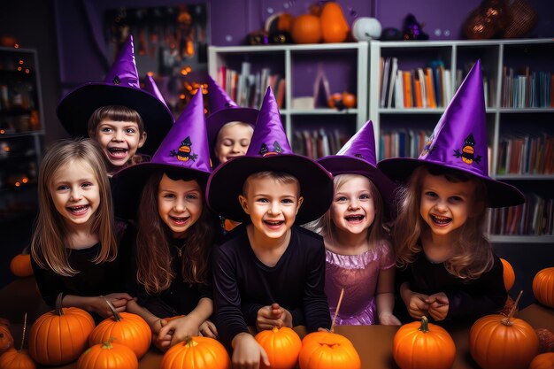 Bambini felici che festeggiano Halloween in un'aula