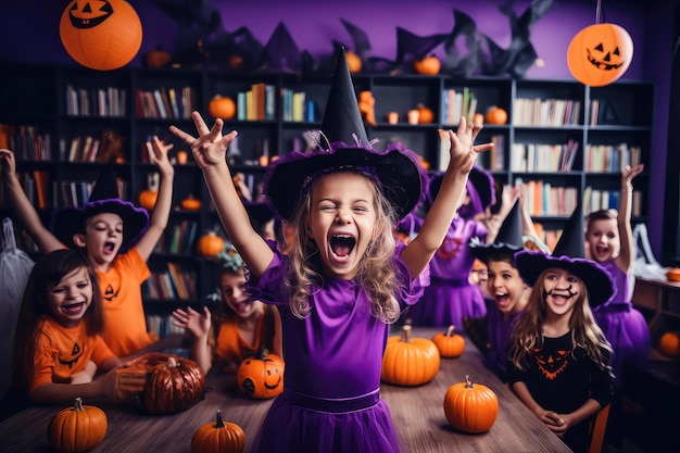 Bambini felici che festeggiano Halloween in un'aula