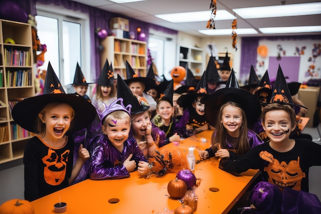 Bambini felici che festeggiano Halloween in un'aula