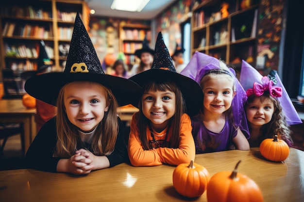 Bambini felici che festeggiano Halloween in un'aula