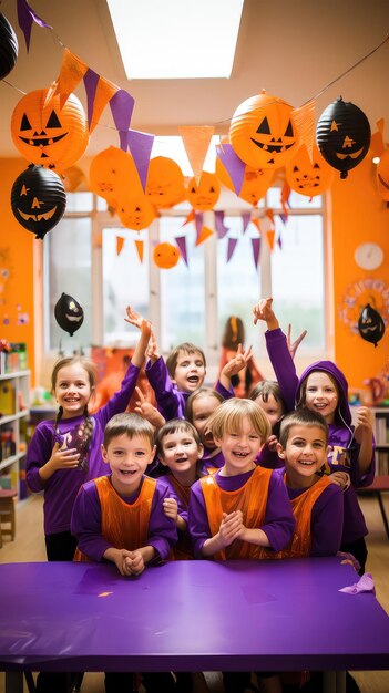 Bambini felici che festeggiano Halloween in un'aula