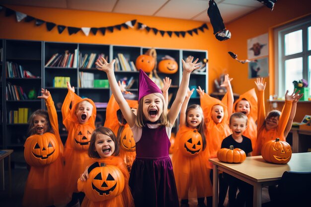 Bambini felici che festeggiano Halloween in un'aula