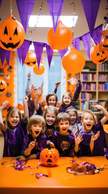 Bambini felici che festeggiano Halloween in un'aula