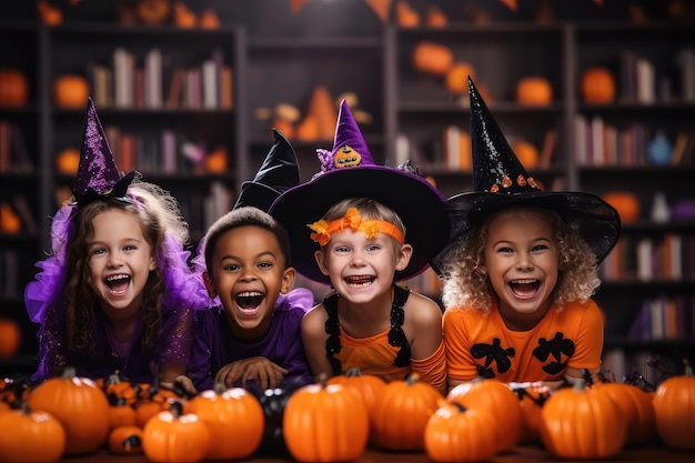 Bambini felici che festeggiano Halloween in un'aula