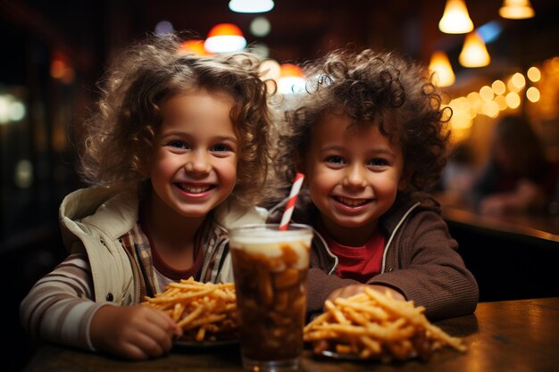 bambini felici che mangiano hamburger e bevono il ristorante colafast food