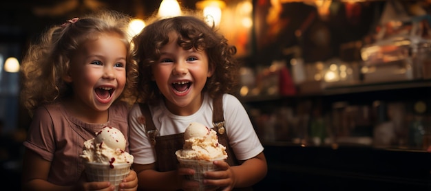 bambini felici che mangiano il gelato AI generativa