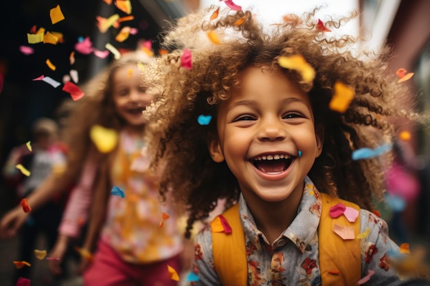 bambini felici che ridono mentre si divertono con i confetti