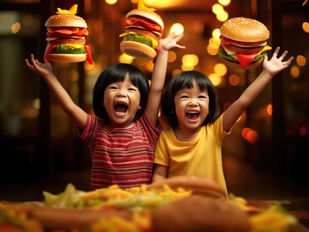 Bambini felici che si godono il fast food generativo ai