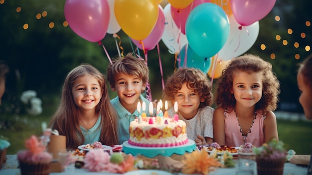 Bambini felici che si preparano ad assaggiare la torta di compleanno con palloncini colorati a una festa di compleanno IA generativa