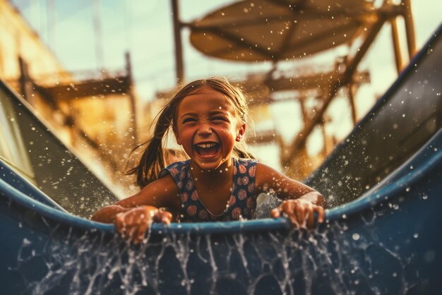 Bambini felici che si tuffano in uno scivolo acquatico al parco acquatico per le vacanze estive Illustrazione ai generativa delle divertenti vacanze estive