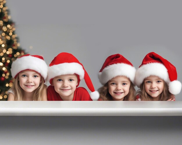 Bambini felici con cappelli rossi di Babbo Natale guardano da dietro il tavolo