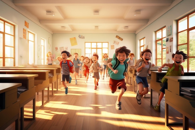 Bambini felici con zaini eccitati che corrono in classe per tornare a scuola