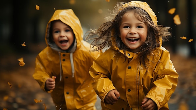 Bambini felici in impermeabili che giocano nel parco autunnale Bambini che si divertono all'aria aperta